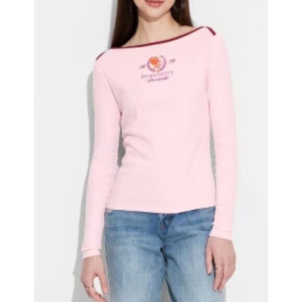 Strawberry Shortcake Long Sleeve Pink XXS Juniors Graphic Embroidered Boat Neck